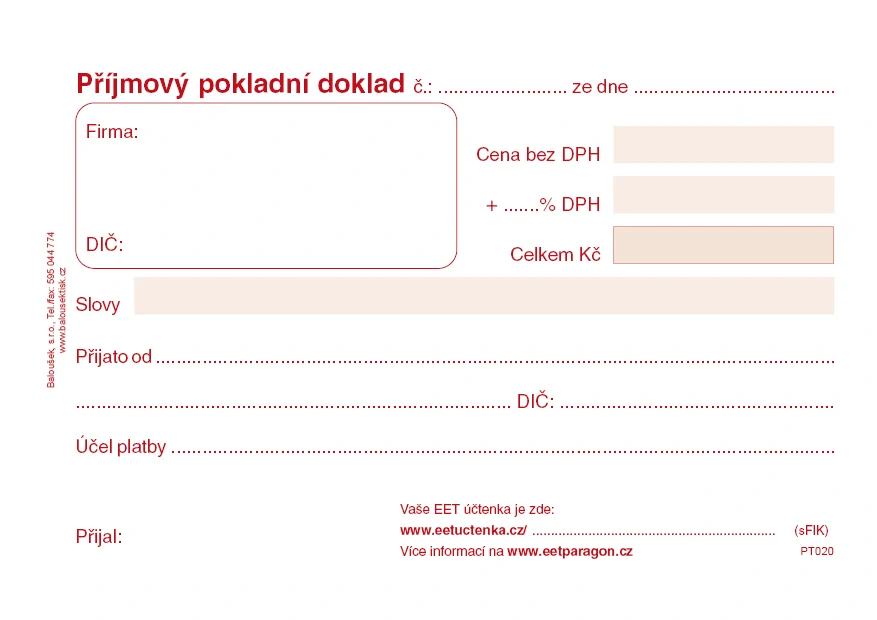 PŘÍJMOVÝ POKLADNÍ DOKLAD JEDNODUCHÉ ÚČETNICTVÍ SAMOPROPIS PT020