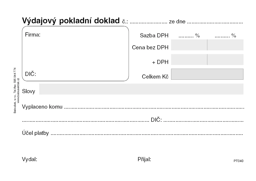 VÝDAJOVÝ POKLADNÍ DOKLAD JEDNODUCHÉ ÚČETNICTVÍ SAMOPROPIS PT040