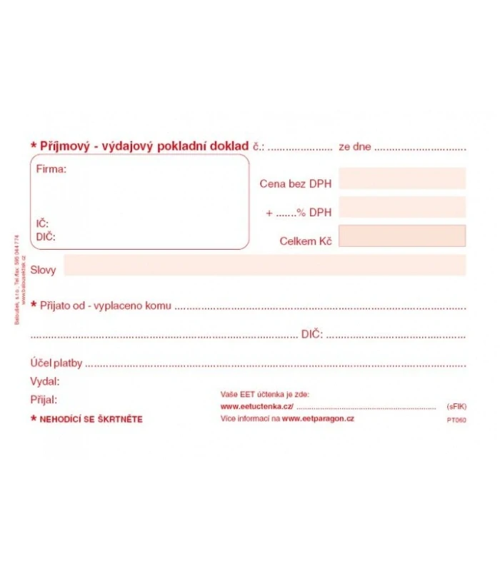 UNIVERZÁLNÍ PŘÍJMOVÝ-VÝDAJOVÝ POKLADNÍ DOKLAD PT060 SAMOPROPIS