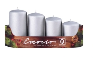 ADVENTNÍ SVÍČKY 4 ks, POSTUPNÉ MAT prům.4 cm, STŘÍBRNÉ